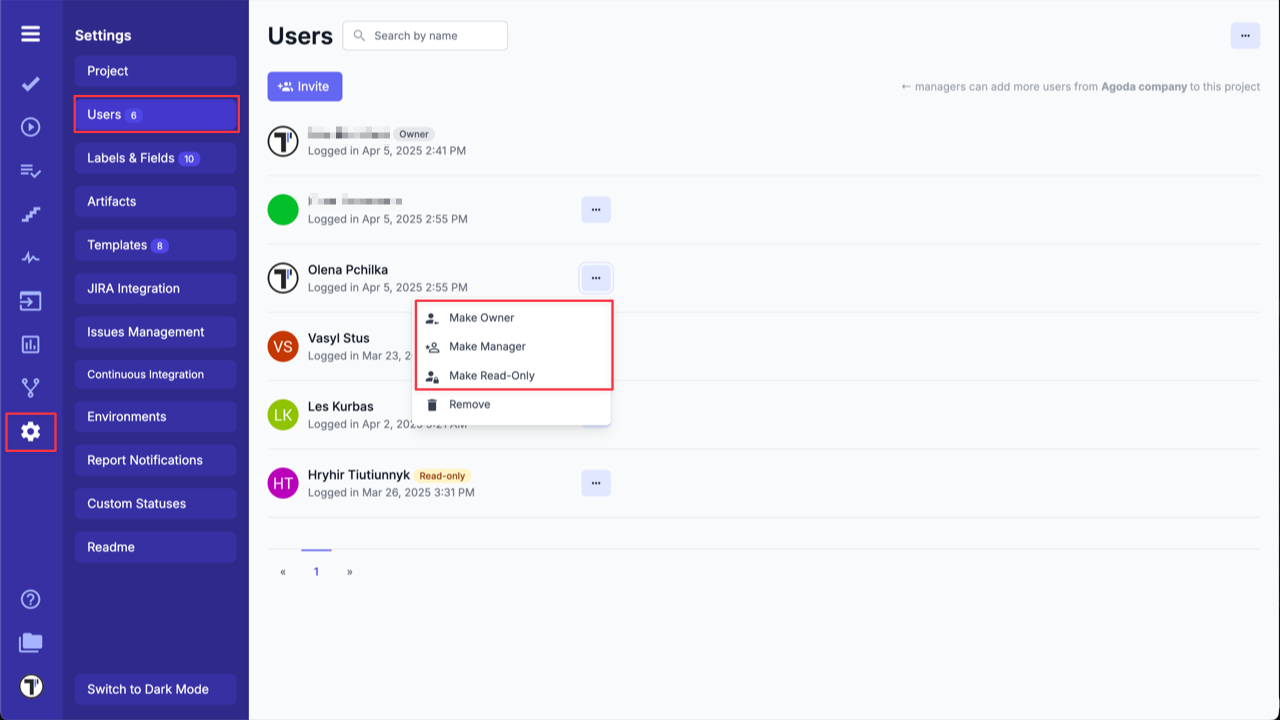 Testomatio - Manage team member Project